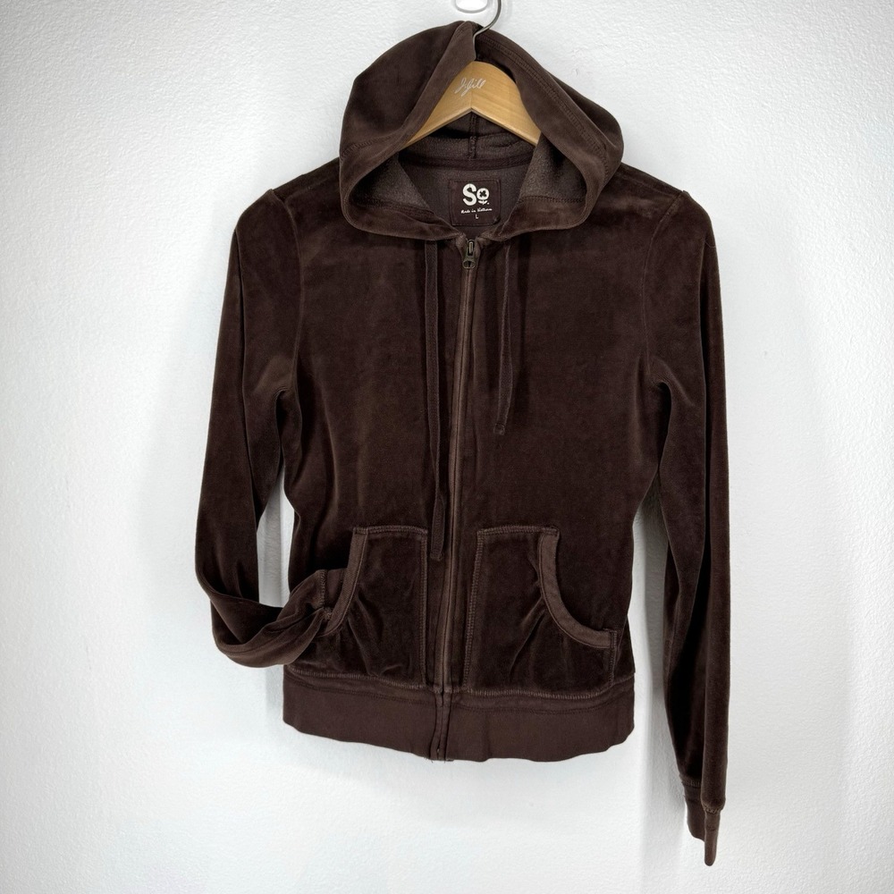 Vintage Y2K Velour Full Zip Hoodie‎ Womens Size Large Fitted Brown Track Preppy